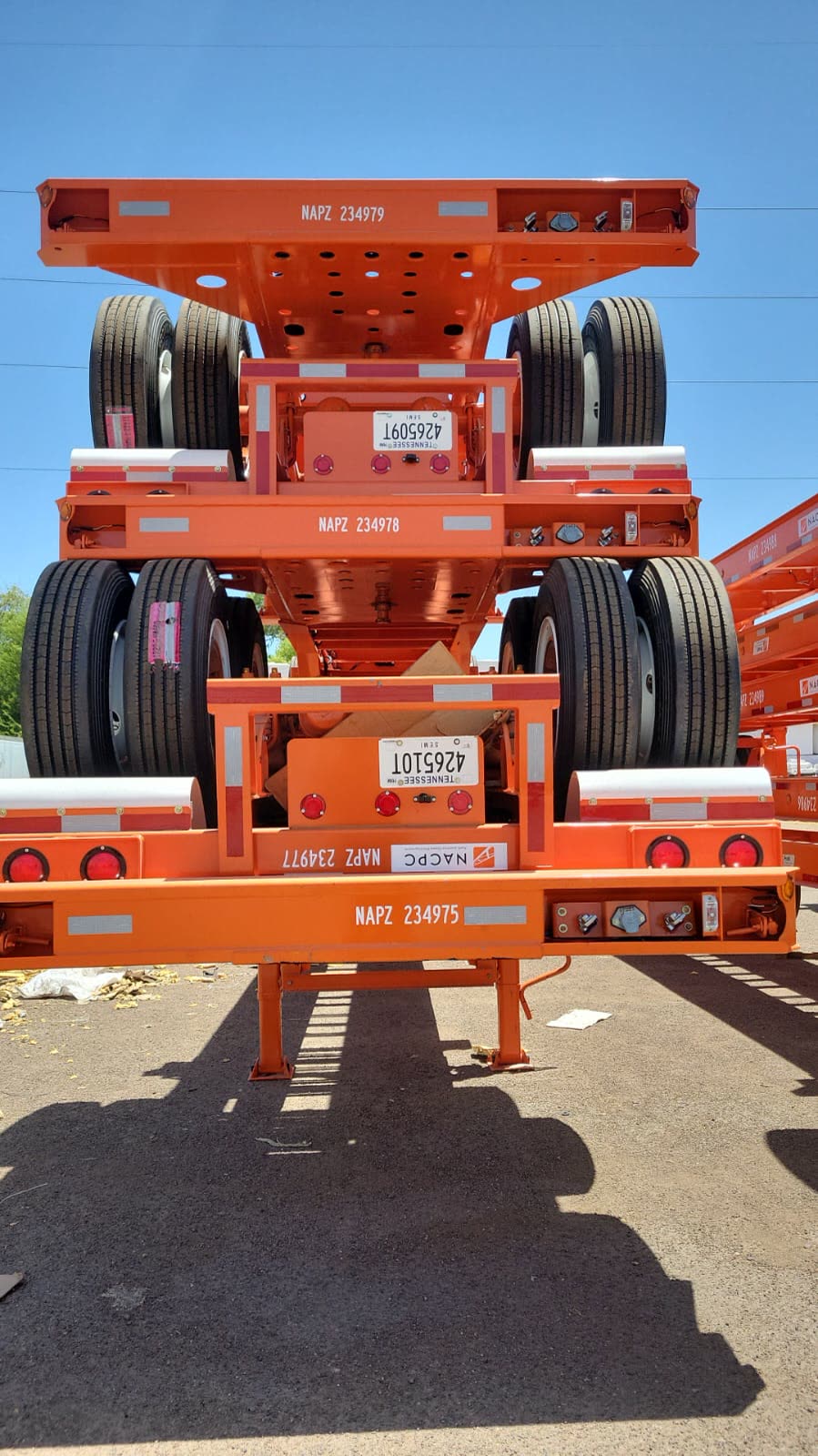 Stacked container chassis in the yard, rear view