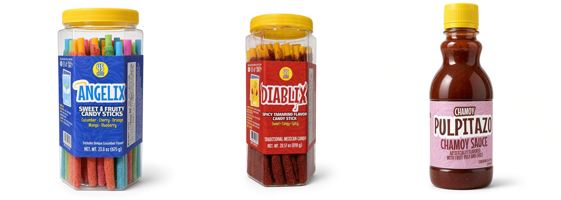 Angelix and Diablix candy and Pulpitazo chamoy sauce